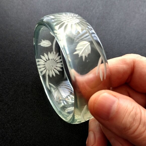 Vintage Clear Lucite Bangle Bracelet Aquamarine Tint Reverse Carved Acrylic - Picture 2 of 9